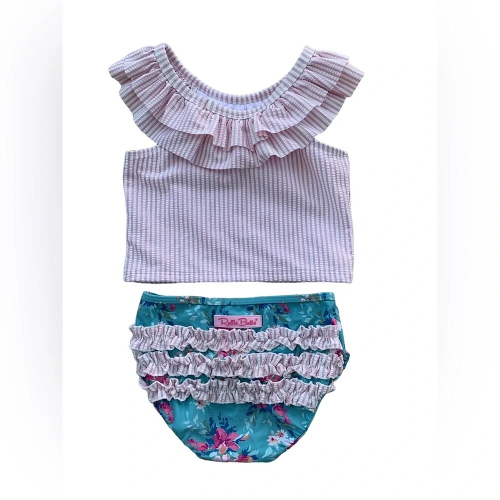 RuffleButts Size 8 Fancy Me Floral Two Piece Ruffle Seersucker Tankini Swimsuit